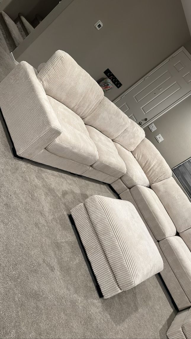 Brand New 7 Piece Corduroy Extra Large Sectional In White Ivory Pale Beige With Extra Large Chaise Deep Tall Cushions 