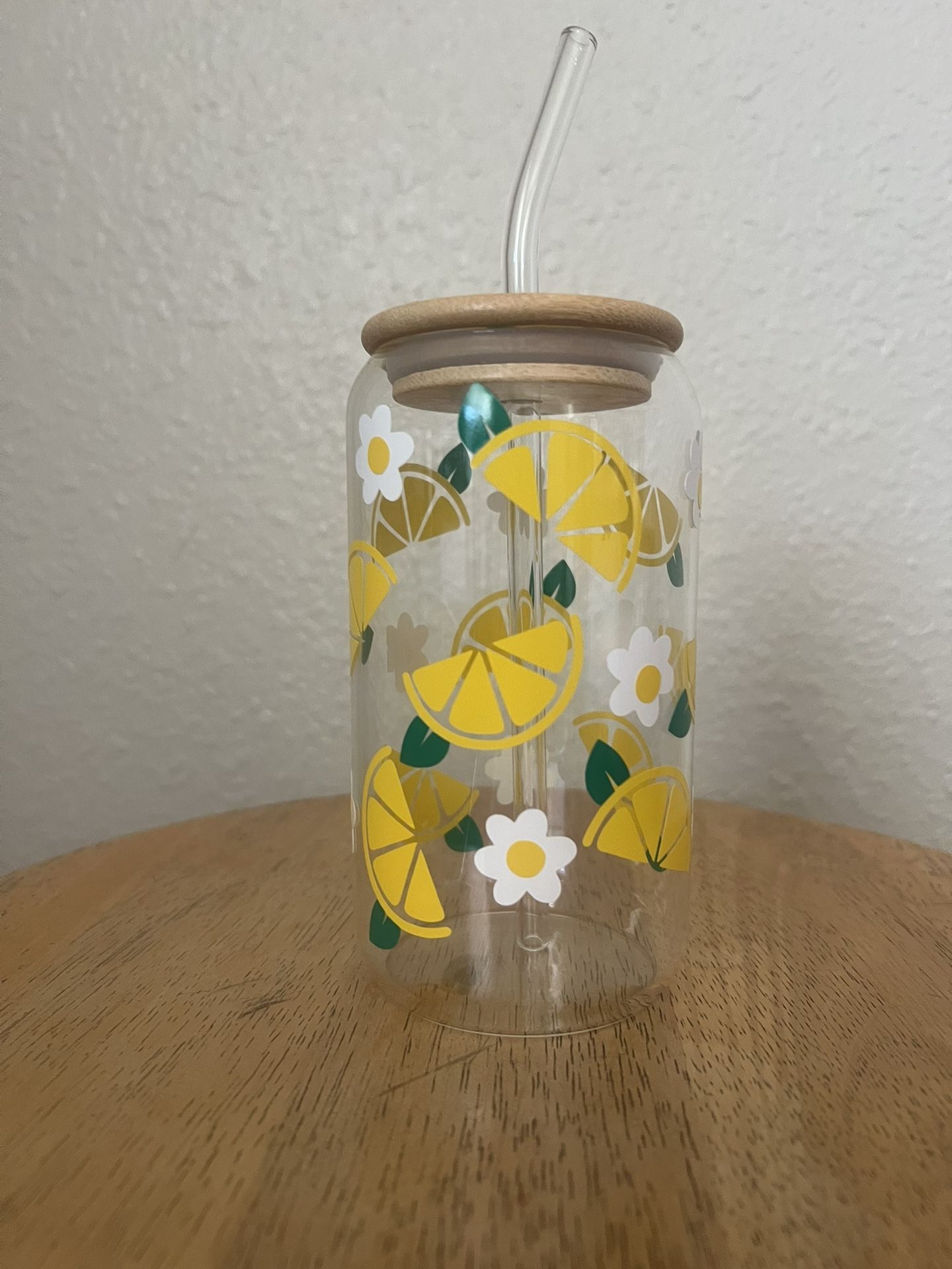 Lemon Wedge Glass Cup With Lid And Straw
