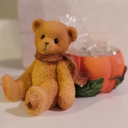 1998 AVON CHERISHED TEDDIES PUMPKIN TEA LIGHT CANDLE HOLDER