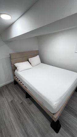 Amazon: white full size memory foam Mattress and beige bed frame
