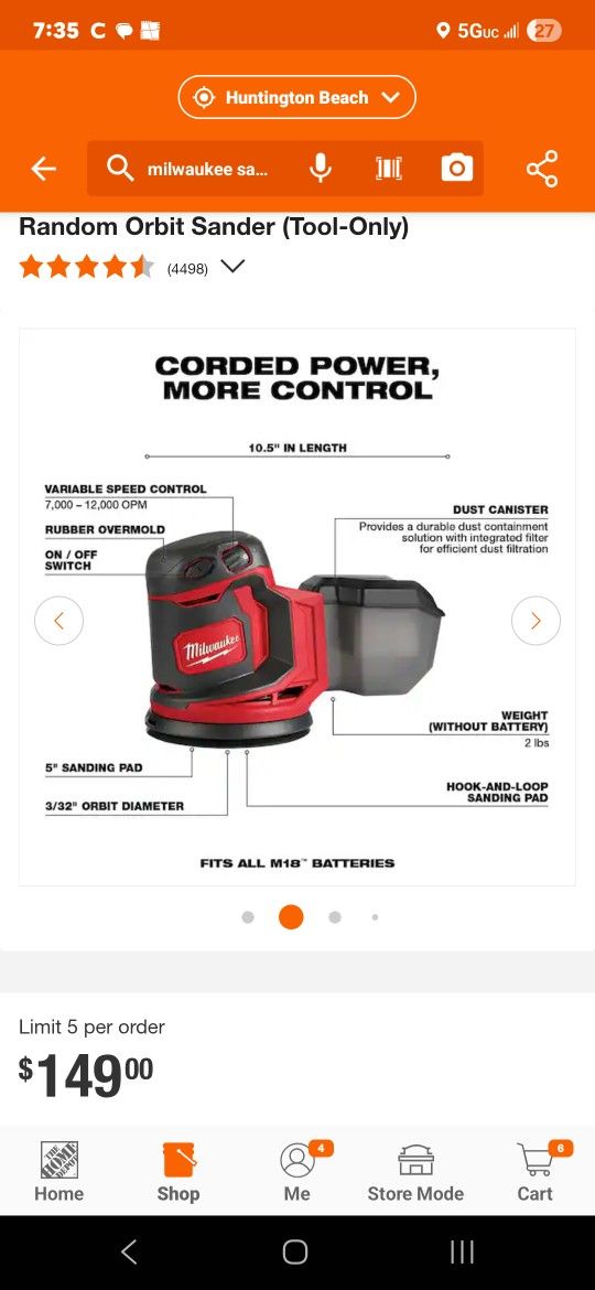 MILWAUKEE M18 5" Random Orbit Sander