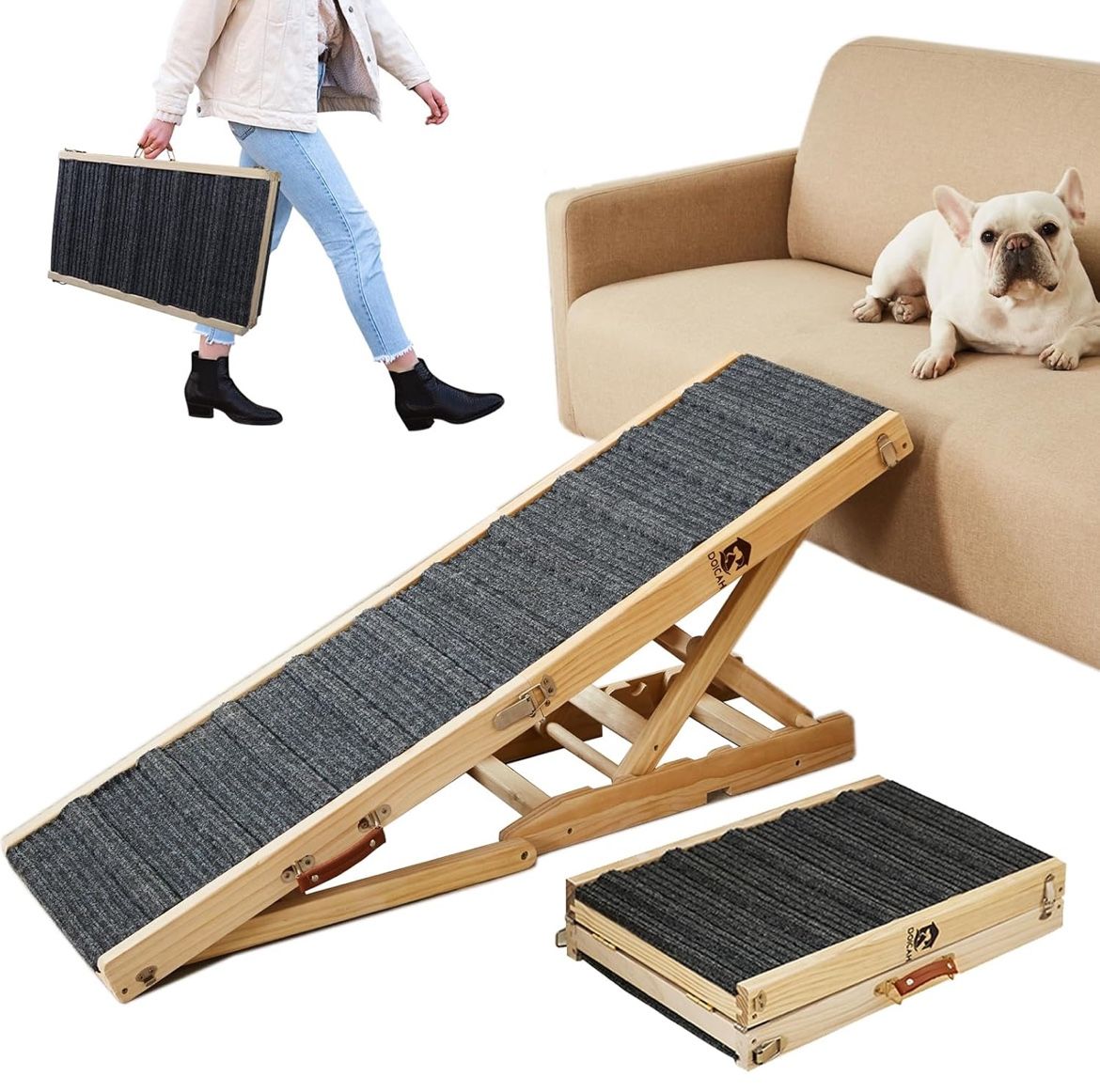 Dog Ramp Adjustable Real Pine Wood For Bed/ Couch  47.2” 70lb Capacity