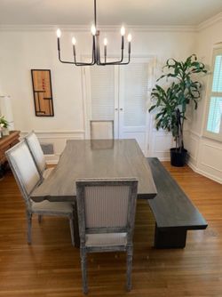 Live Edge Grey Oak Dining Table + Matching Bench + 4 Vintage French Square Back Chairs