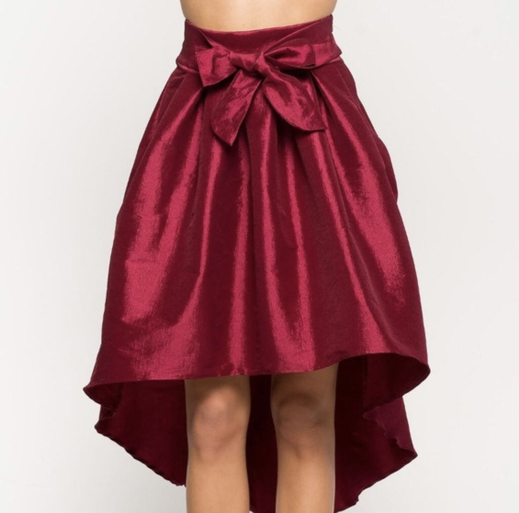 CEMI CERI high low pleated bow red skirt