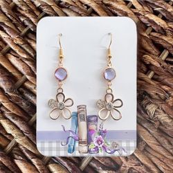 Pretty New Handmade Gold-Tone and Purple Sparkly Flower Outline Dangle Earrings (2.1” long x 0.7” wide)