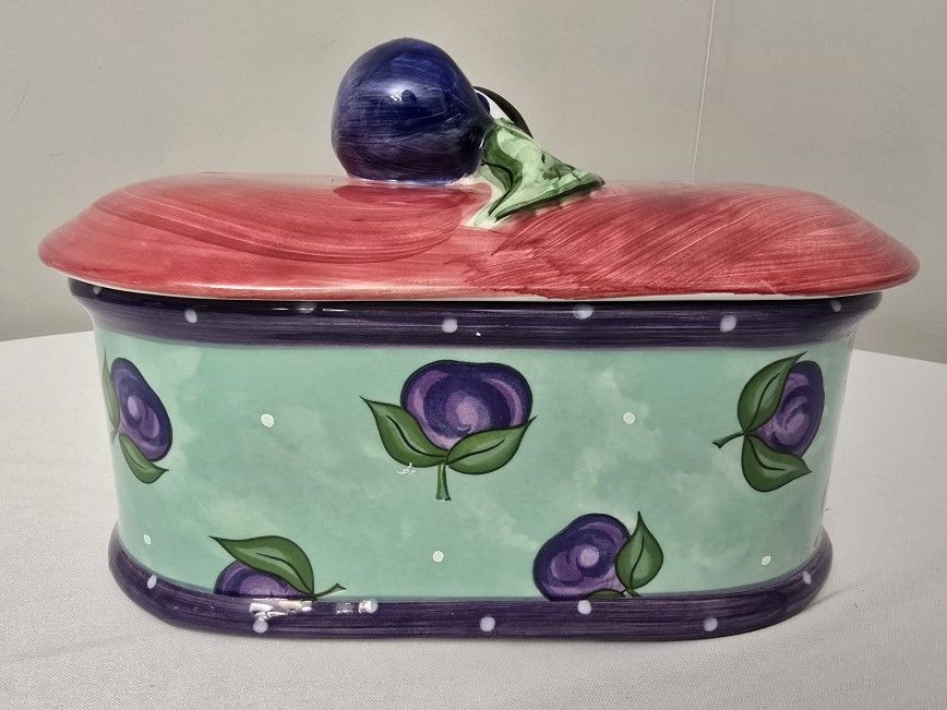 Tutti Frutti Bois d' Arc Essex PLUMS Covered Casserole Cookie Jar Dish Bowl 
