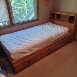Twin bed with wood headboard, 3 storage drawers. OBO