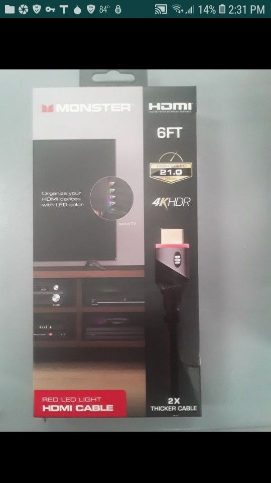 Brand new 6ft HDMI cable with red LED light color coding