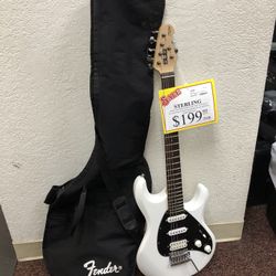 96091 Sterling Right Handed White Electric Guitar W/Black Pick Guard Cracking In Lacquer W//Worn Gig Bag 512318