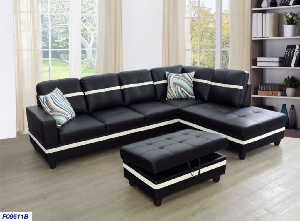 Black And White Sectional Sofa Leather Couch Include FREE Ottoman, Chaise And Pillows 