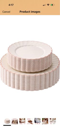 HEAVYWEIGHT Ivory Rose Gold Scalloped Plates for Wedding 60 Pc 30% Heavier, 30 Dinner & 30 Dessert Heavy Duty Disposable Plates, Fancy for Wedding Sho