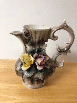 Vintage Capodimonte Ornate Pitcher With Roses (9” Tall)