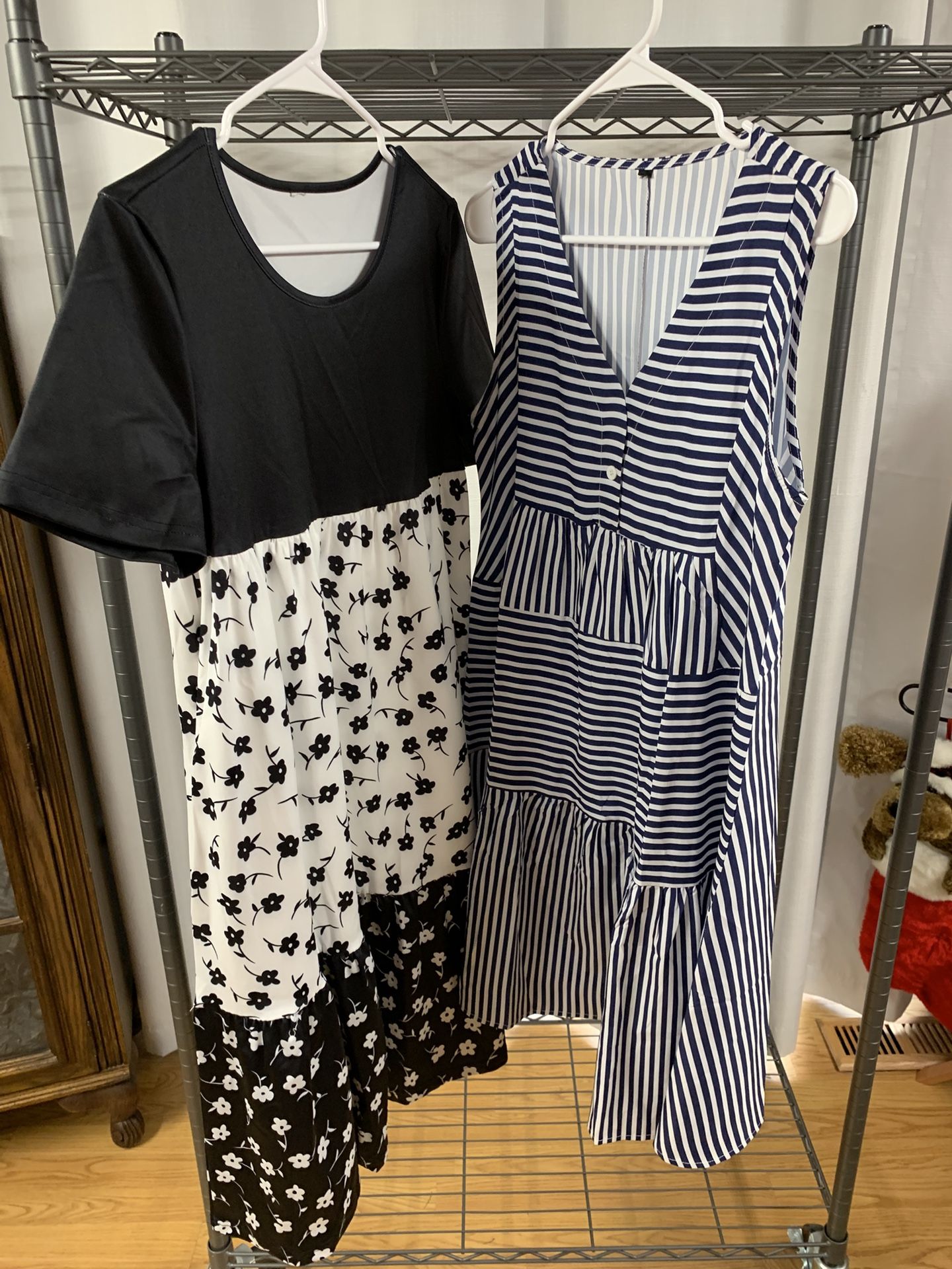 Navy Blue Striped Day Dress With Black And White Flowers In Opposite Colors
