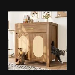 Wooden Cat Litter Box Enclosure, Hidden Cat Litter Box Furniture with Scratch Pad, Storage Drawer, Farmhouse Indoor Cat House Washroom End Table for L