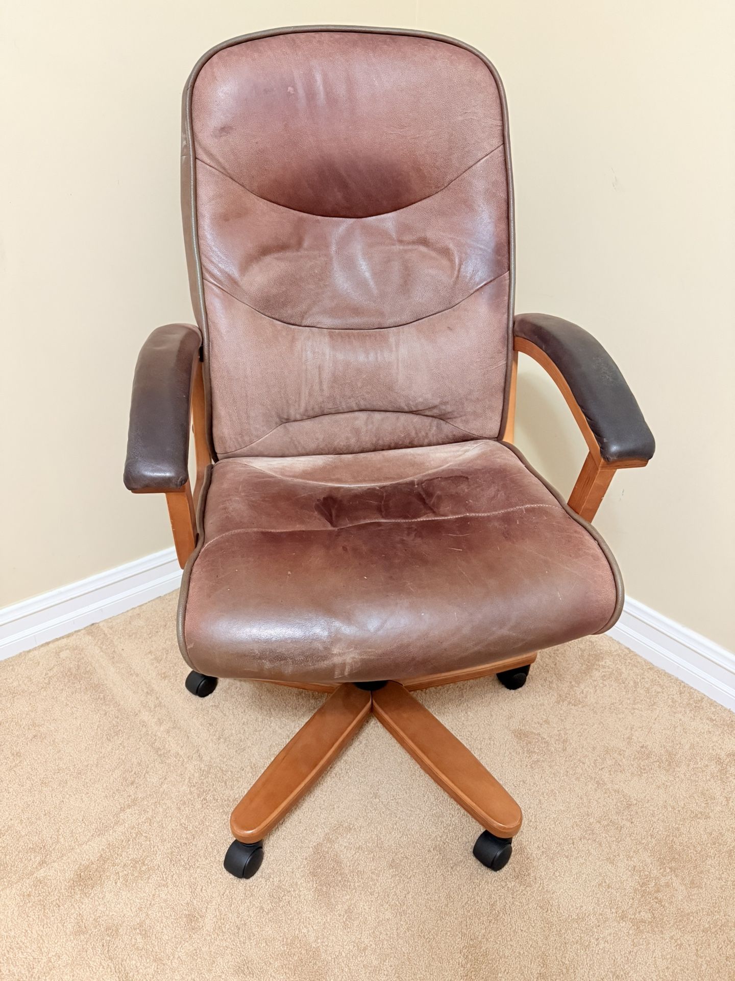 Brown Leather Luxury Desk Chair Swivels, Rocks, On Wheels