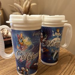 Disney whirley mug Celebrate Magic White sparkle lid and handle Set of 2