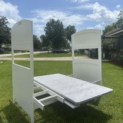 white bunk beds frame with ladder