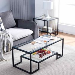 Black Metal Glass Coffee Table - Simple Center Coffee Table for Living Room Home, Metal Frame Coffee Table with 2 Shelves,Modern Table for Bedroom, Di