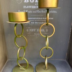 MCM Style Pillar Candle Holders Metal Gold Green Distressed