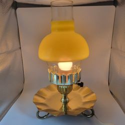 Single Vtg Yellow Satin Shade Hurricane Lamp Brass Bedside Parlor Light 10.5"