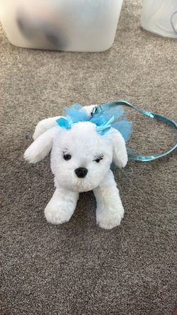 White Plush Dog Purse with Blue Bow