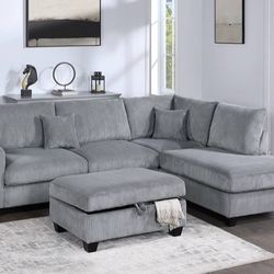 Sectional Sofa With Storage Ottoman Grey Corduroy 
