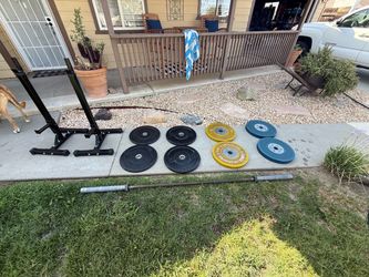 Barbell, Weight Plates, and Squat Stands Set