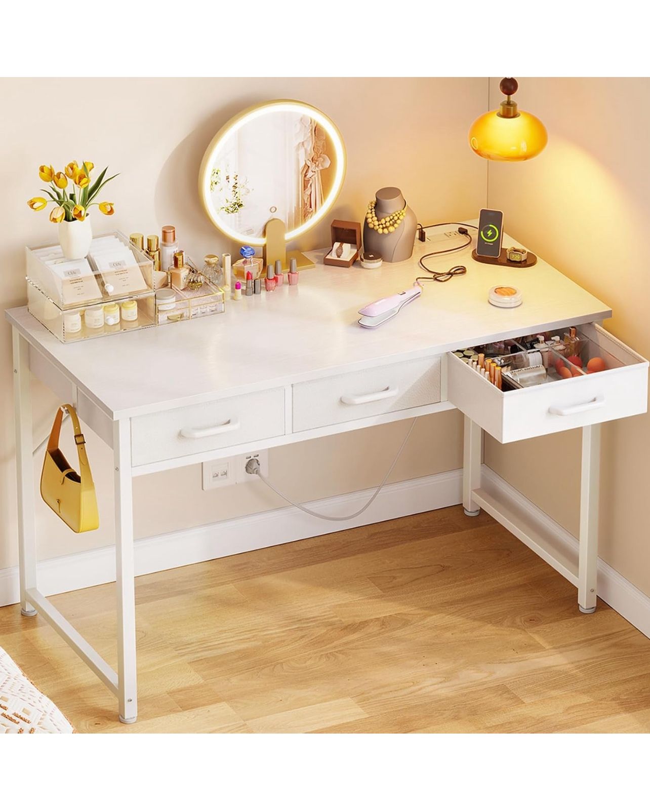 AODK 48" Small Vanity Desk No Mirror with Drawers & Power Outlet