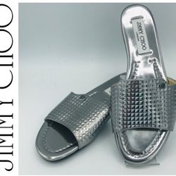 PENDING Jimmy Choo Nanda Mirrored Embossed Leather Slides in Silver (“Steel”) Size 38.5 (I)