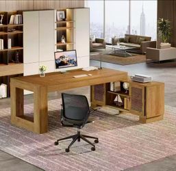 JW1009AB 63 inch W Brown L Shaped Computer Desk Writing Table with 2 Tiers Cabinets and Shelves