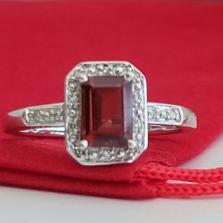 ❤️10k Size 7 – Solid White Gold emerald cut genuine Garnet and Diamonds Ring 👌🎁 - Anillo de Oro