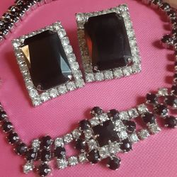 Vintage BLACK FAUCETED & CLEAR CRYSTAL CHOKER ,+ EARRINGS c1940