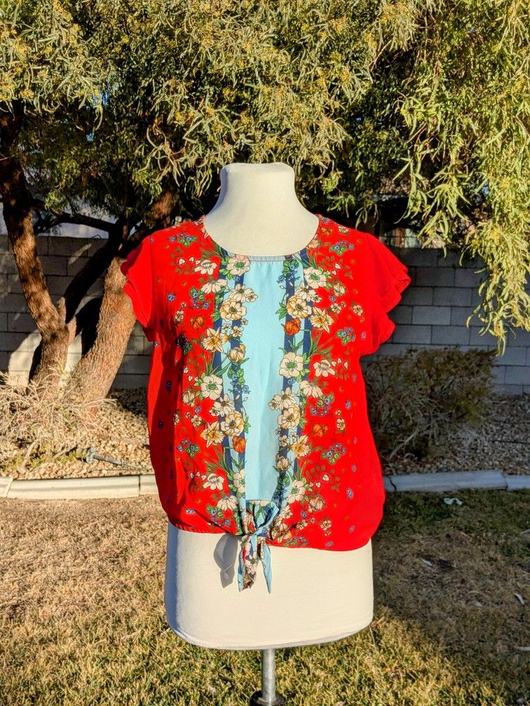Twine & String Petite Large Floral Tie Front Flutter Sleeves Blouse Shirt EUC