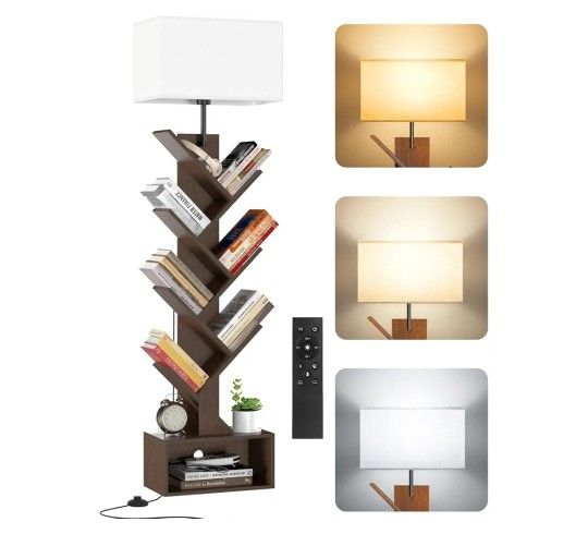 6 Tier Tree Bookshelf with Light, Remote & Timer, Modern Tall Floor Standing Book Shelf, Narrow Wood Bookcase, Small Book Organizer Shelves for Living