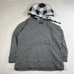 Victoria's Secret PINK Hoodie Gray Buffalo Plaid Hood XS Longline Pullover