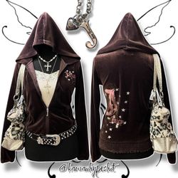Vintage Y2K Juicy Couture Tracksuit Zip-Up Velour Jacket Hoodie (Brown/Pink/Silver) - Size S