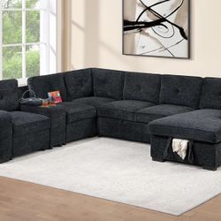 BLACK CHENILLE SECTIONAL WITH PULLOUT SLEEPER AND STORAGE CHAISE 