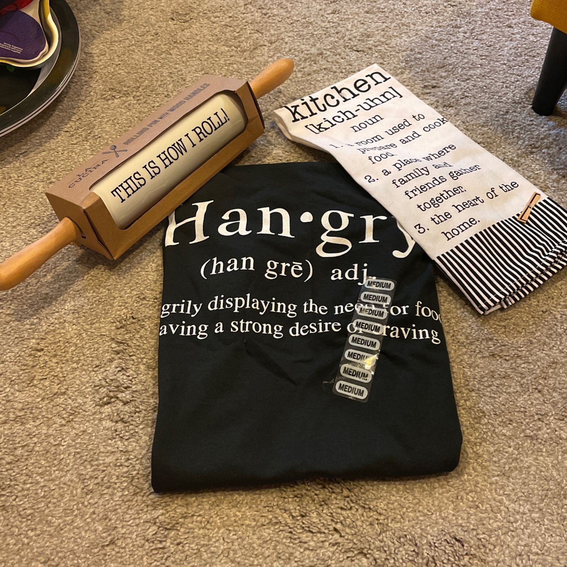 Kitchen Set - Rolling Pin, “Hangry” T-Shirt, Decorative Towel