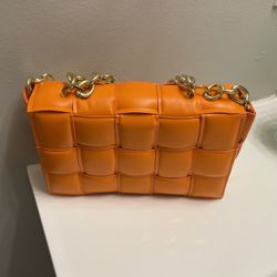 Brand New Orange Purse With Gold Chain 