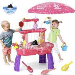 2026 Sand Water Table Toys for Toddlers 1-3 3-5 with Umbrella, 3-Tier Kids Outdoor Water Tables Toy, Auto Electric Pump Sensory Play Water Table for G