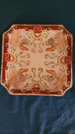 Vintage Chinese Heavy Square Decorative Plate with Hens and Roosters