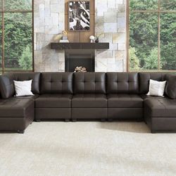 HONBAY 7-Piece Faux Leather Modular Sectional Sofa With Storage Seat