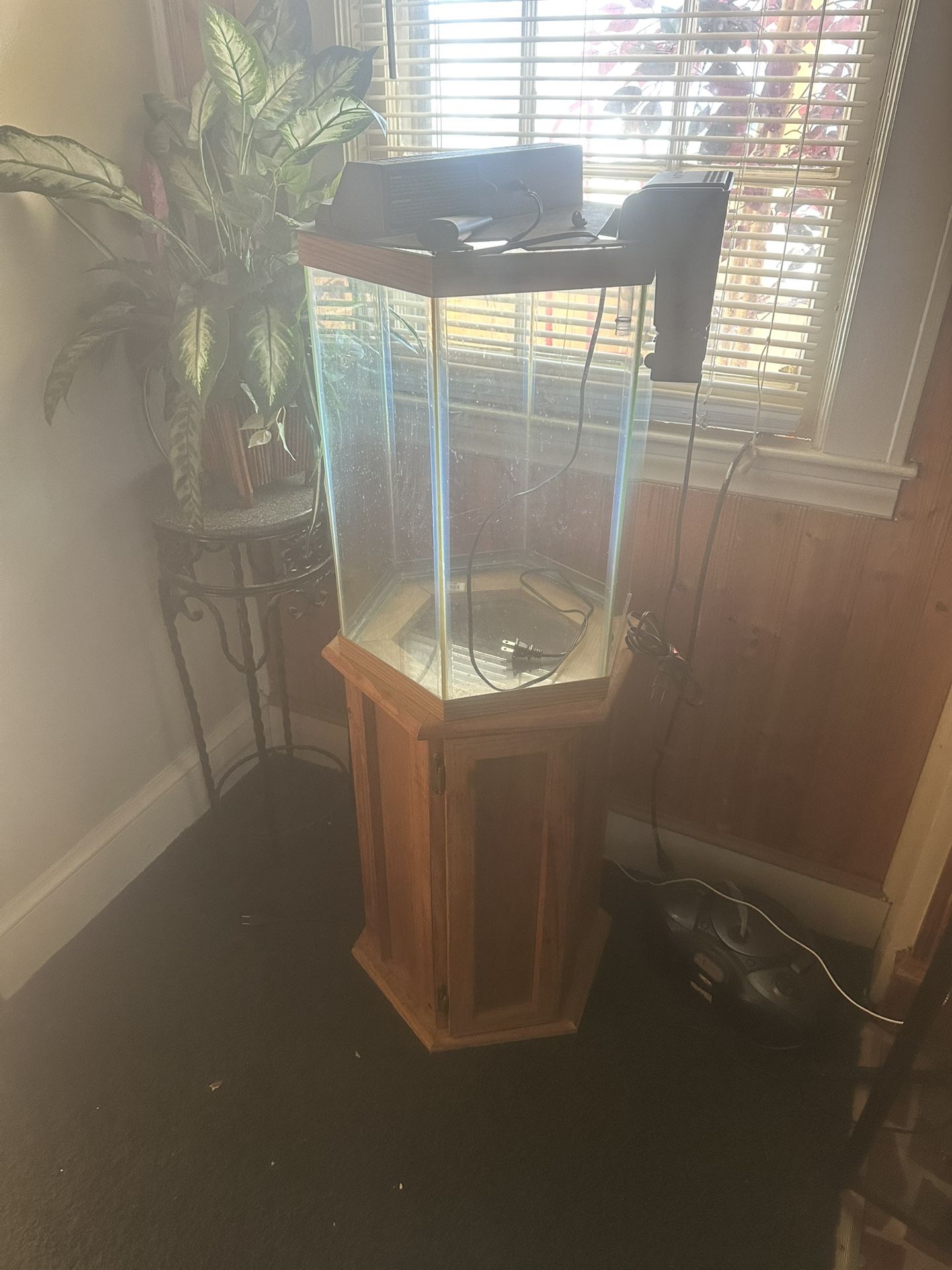 wood fish tank and china cabinet vintage