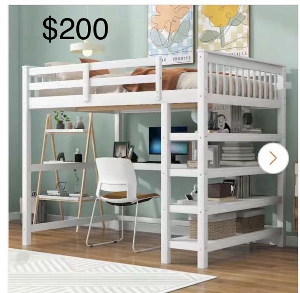 Full Size Bed Frame, Desk, And Storage Shelves - White (privacy Curtain Added)