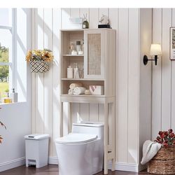 Rattan Over The Toilet Storage Cabinet, Farmhouse Over Toilet Bathroom Organizer with Sliding Door, 68" Tall Freestanding Washer Shelf with Adjustable