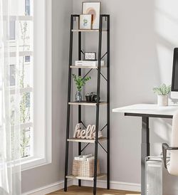 Bookshelf Bookcase, 5-tier Freestanding Corner Storage Shelve with 2 Hooks