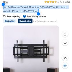 onn Full Motion TV Wall Mount for 50" to 86" TVs, UL Listed, swivel ±45°, up to +15/-15°Tilting