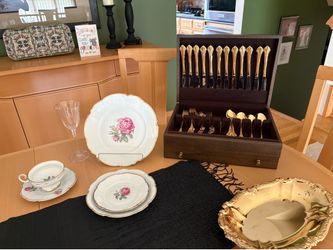 Heavy block crystal 4  champagne, glasses, decanter, and ice bucket, Fine China, gold flatware, serving pieces