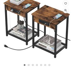 Nightstand End Table with Charging Station Rustic Brown, Set of 2