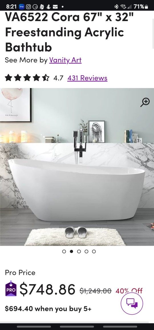  "NEW" Vanity art 67 inch tub